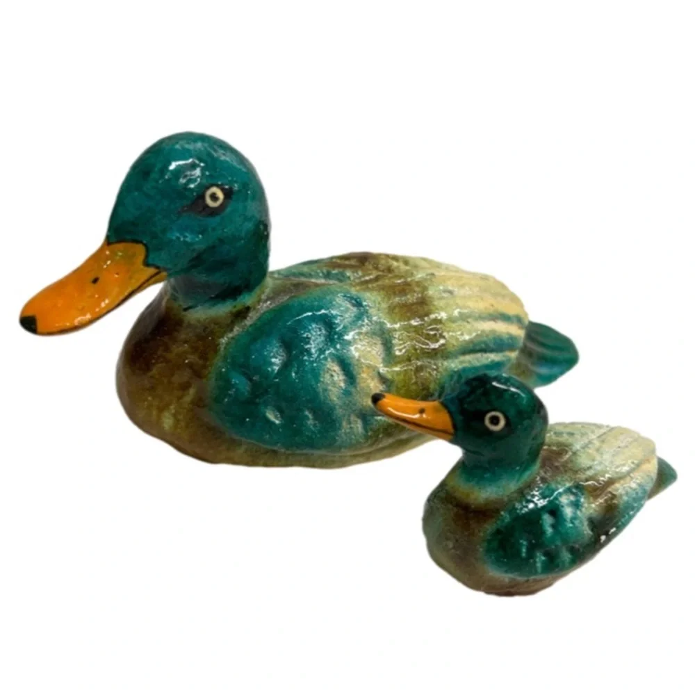 💕 Vintage Paper Mache Mallard Duck Small Figures Set Of Two - Picture 1 of 10